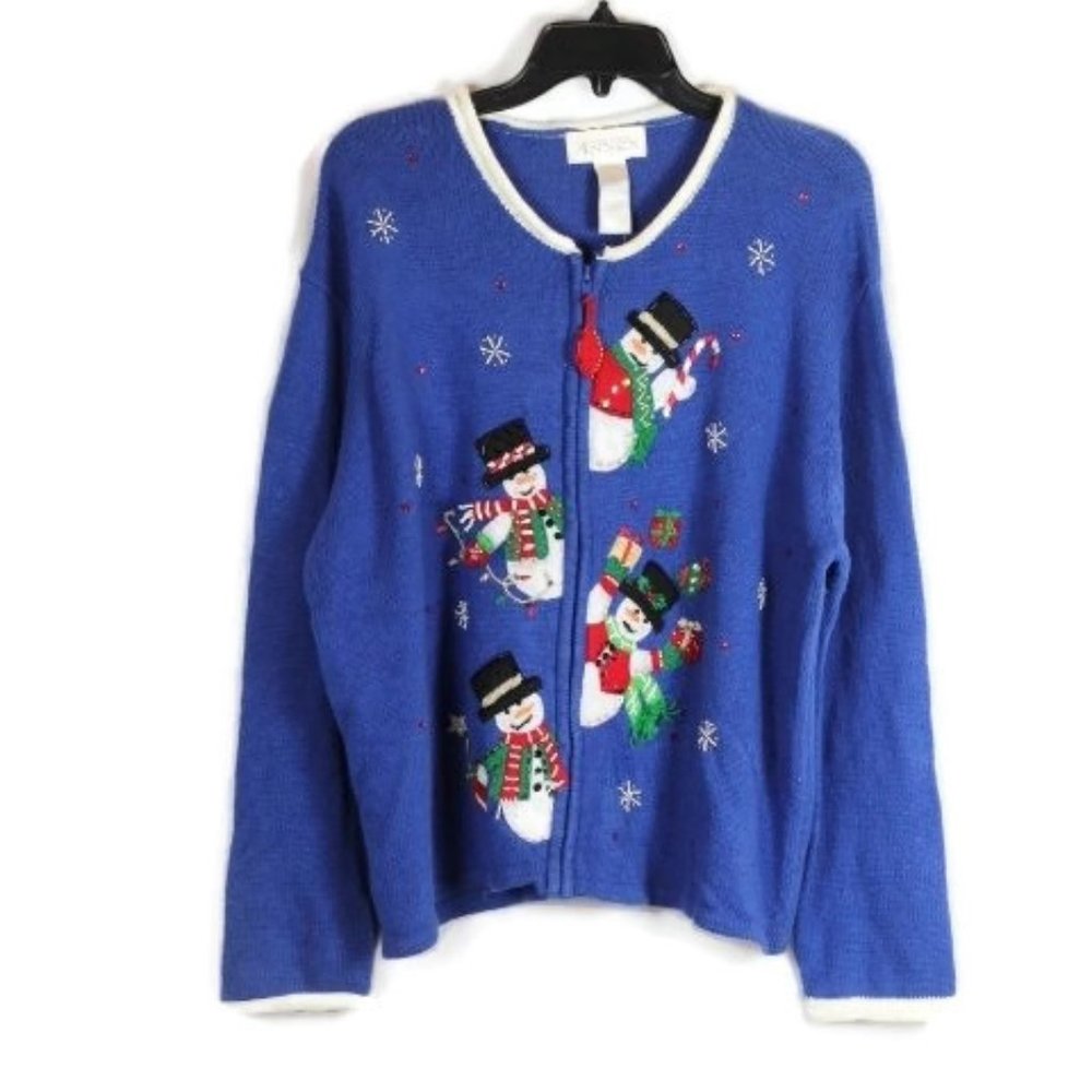 Casual Corner Annex Blue Women's Ugly Christmas Sweater Full Front Zip XL 028